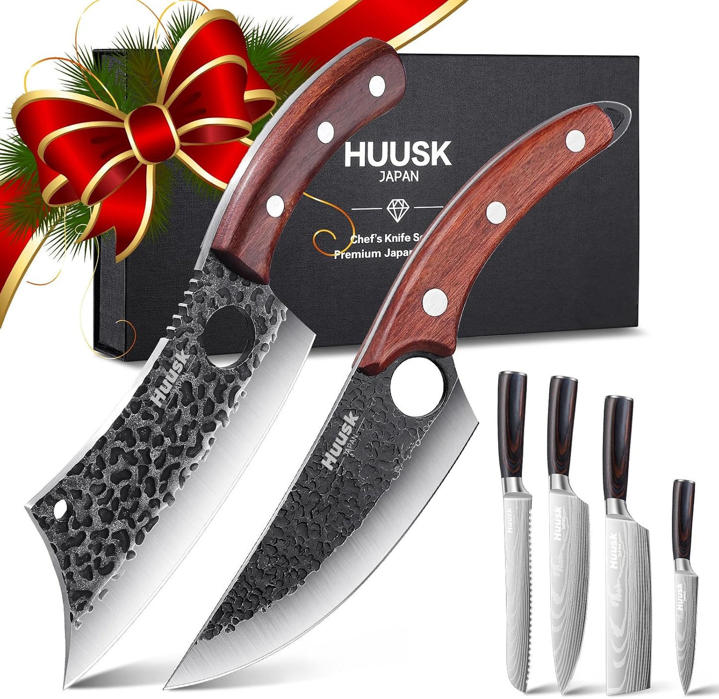Huusk Meat Cleaver Knife with Sheath, Hand Forged Viking Knife, Mens Gifts | Japanese Style Full Tang Butcher Knife for Meat Cutting, BBQ & Outdoor Camping, Razor-Sharp Edge, Ergonomic Oak Wood Handle