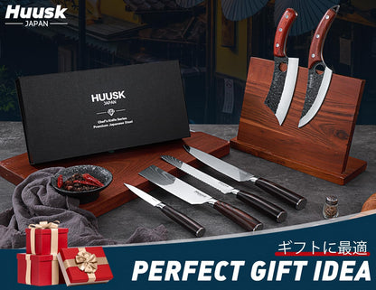 Huusk Meat Cleaver Knife with Sheath, Hand Forged Viking Knife, Mens Gifts | Japanese Style Full Tang Butcher Knife for Meat Cutting, BBQ & Outdoor Camping, Razor-Sharp Edge, Ergonomic Oak Wood Handle