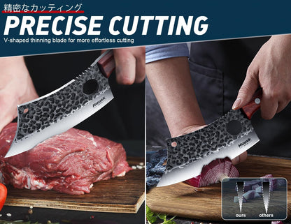 Huusk Meat Cleaver Knife with Sheath, Hand Forged Viking Knife, Mens Gifts | Japanese Style Full Tang Butcher Knife for Meat Cutting, BBQ & Outdoor Camping, Razor-Sharp Edge, Ergonomic Oak Wood Handle
