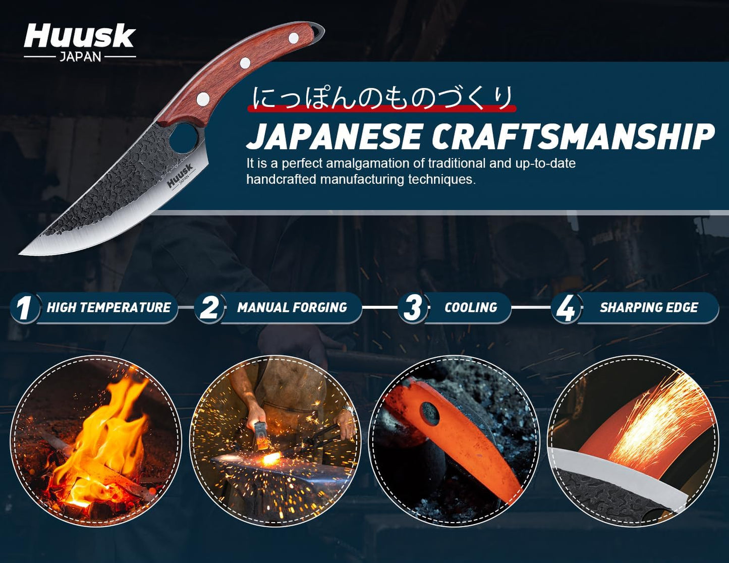 Huusk Meat Cleaver Knife with Sheath, Hand Forged Viking Knife, Mens Gifts | Japanese Style Full Tang Butcher Knife for Meat Cutting, BBQ & Outdoor Camping, Razor-Sharp Edge, Ergonomic Oak Wood Handle
