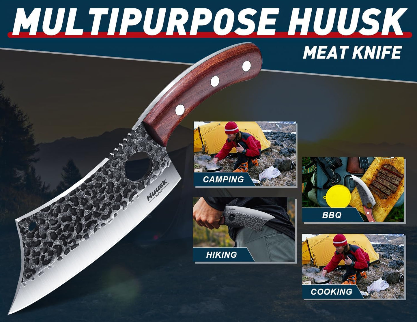 Huusk Meat Cleaver Knife with Sheath, Hand Forged Viking Knife, Mens Gifts | Japanese Style Full Tang Butcher Knife for Meat Cutting, BBQ & Outdoor Camping, Razor-Sharp Edge, Ergonomic Oak Wood Handle