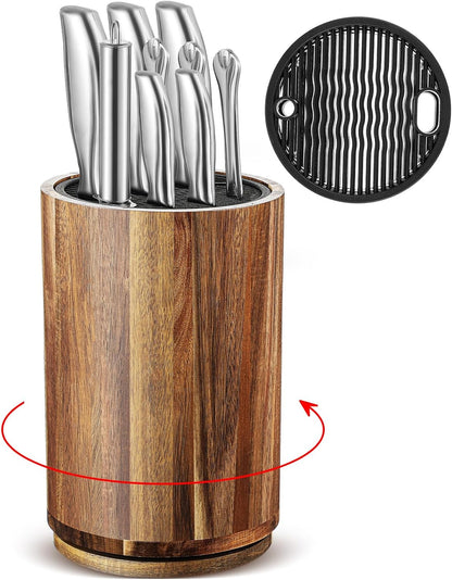 360° Rotatable Knife Block Without Knives, 5.9 x 9 Inch Round Acacia Wood Knife Organizer Large Capacity Holder for Scissors Sharpening Rod, Holds up to 10 Knives, Kitchen Organization