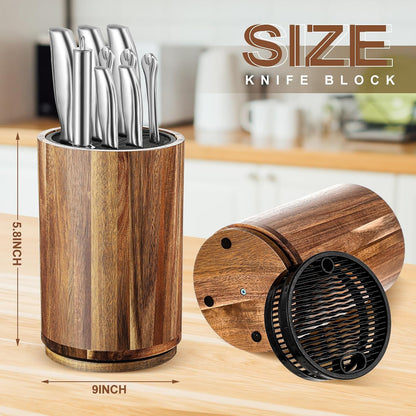 360° Rotatable Knife Block Without Knives, 5.9 x 9 Inch Round Acacia Wood Knife Organizer Large Capacity Holder for Scissors Sharpening Rod, Holds up to 10 Knives, Kitchen Organization
