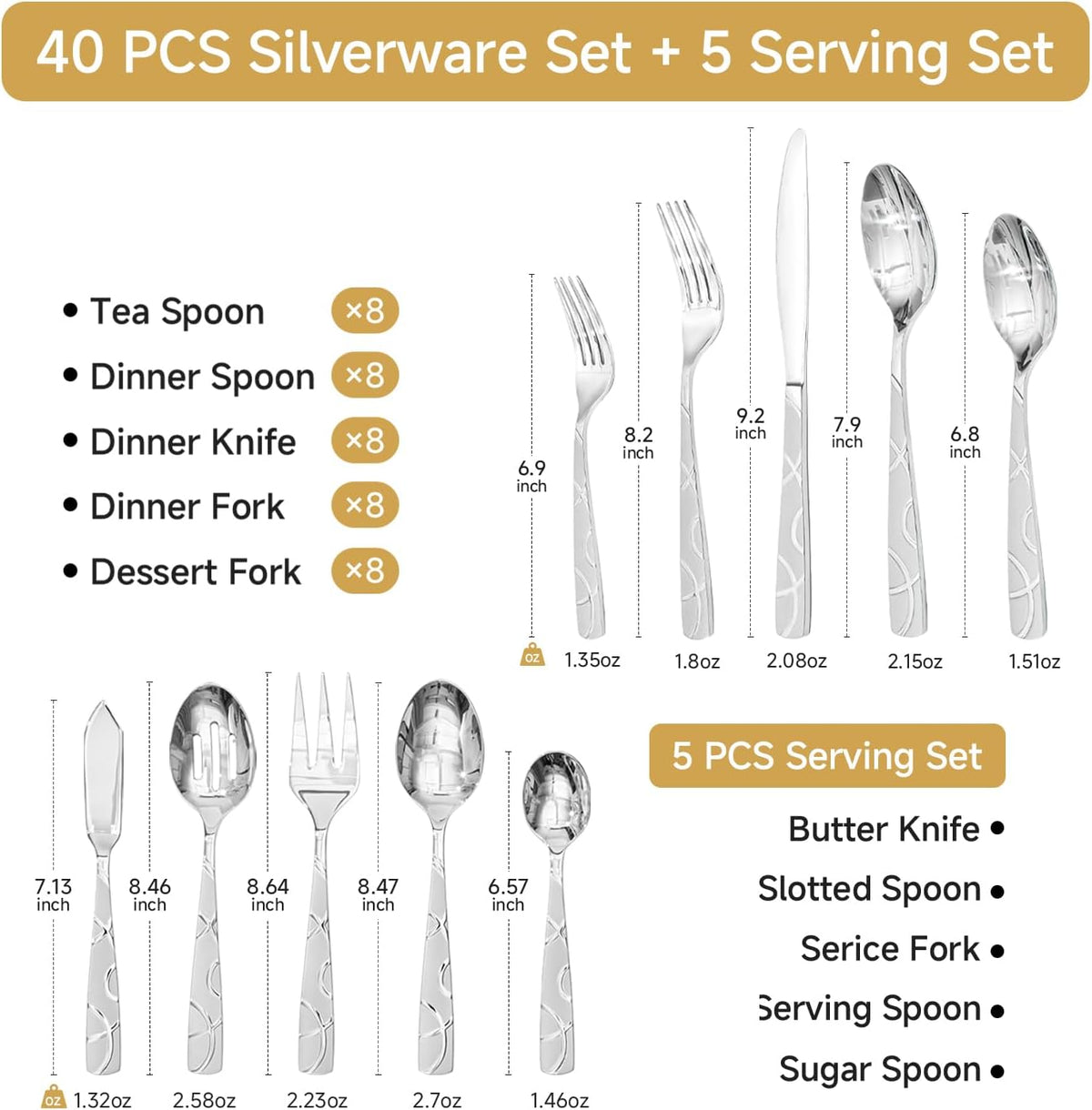 40PCS Stainless Steel Silverware Set, Modern Flatware Set for Kitchen, Mirror Polished Cutlery Set with Forks, Spoons and Knives，Dishwasher Safe