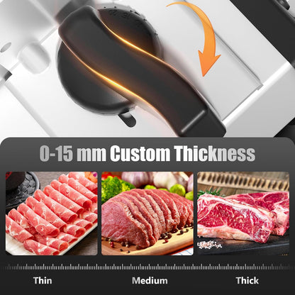 Meat Slicer with Quiet DC Motor, 200W Electric Deli Slicer, Dual 7.5'' Stainless Steel Blades, 0-15mm Adjustable Thickness, Easy to Clean, Ideal for Meat, Cheese, Bread, and Vegetables