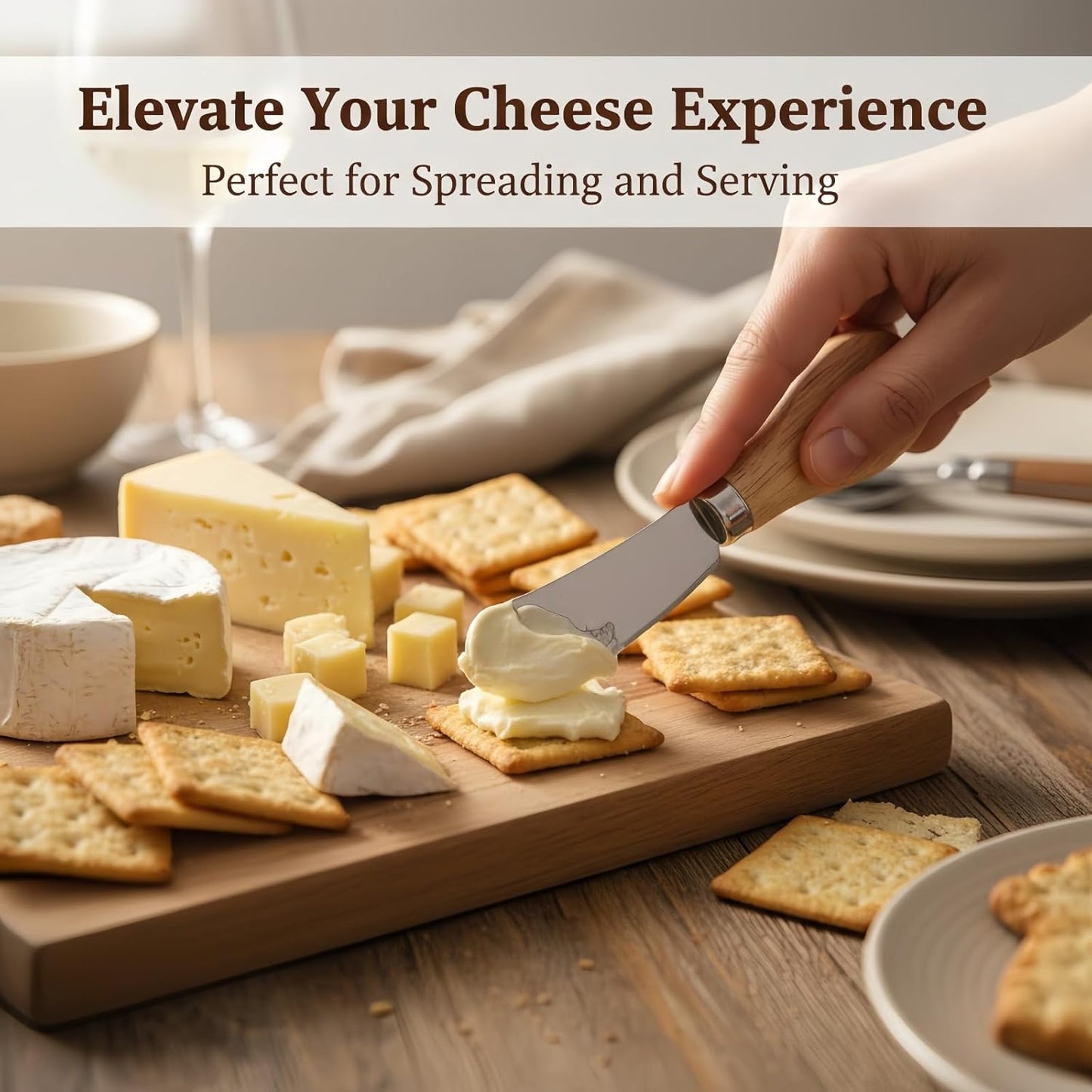 6-Piece Cheese Knife Set, Stainless Steel Butter Knives with Natural Wood Handles for Charcuterie Boards & Party Platters; Small Spreaders for Soft Cheese, Jam, Appetizers; Kitchen Utensils