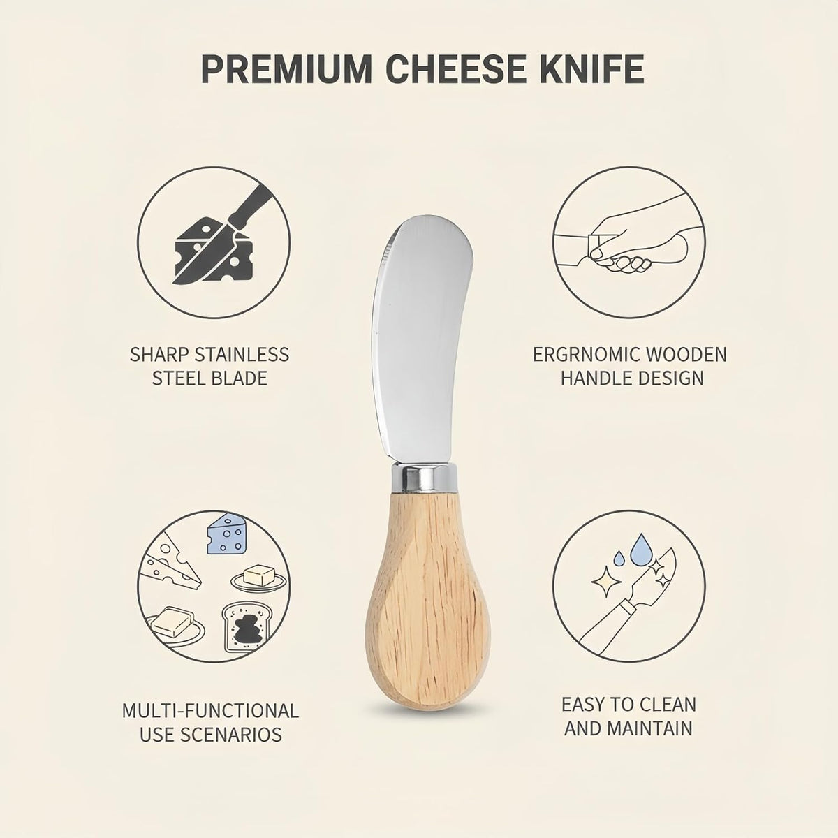 6-Piece Cheese Knife Set, Stainless Steel Butter Knives with Natural Wood Handles for Charcuterie Boards & Party Platters; Small Spreaders for Soft Cheese, Jam, Appetizers; Kitchen Utensils