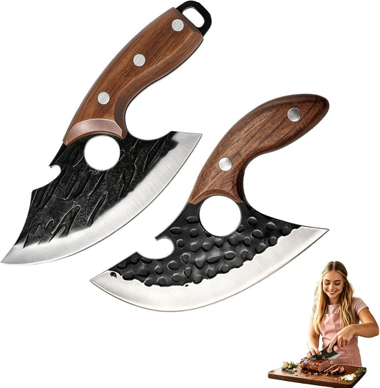 2PCS Hand Forged Viking Boning Knife Set, High Carbon Steel Ulu Knife with Sheath, Viking-Style Cleaver & Pizza Cutter for Meat, Kitchen Knives for Meat Trimming, BBQ, Camping, Fish Filleting