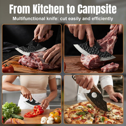 2PCS Hand Forged Viking Boning Knife Set, High Carbon Steel Ulu Knife with Sheath, Viking-Style Cleaver & Pizza Cutter for Meat, Kitchen Knives for Meat Trimming, BBQ, Camping, Fish Filleting