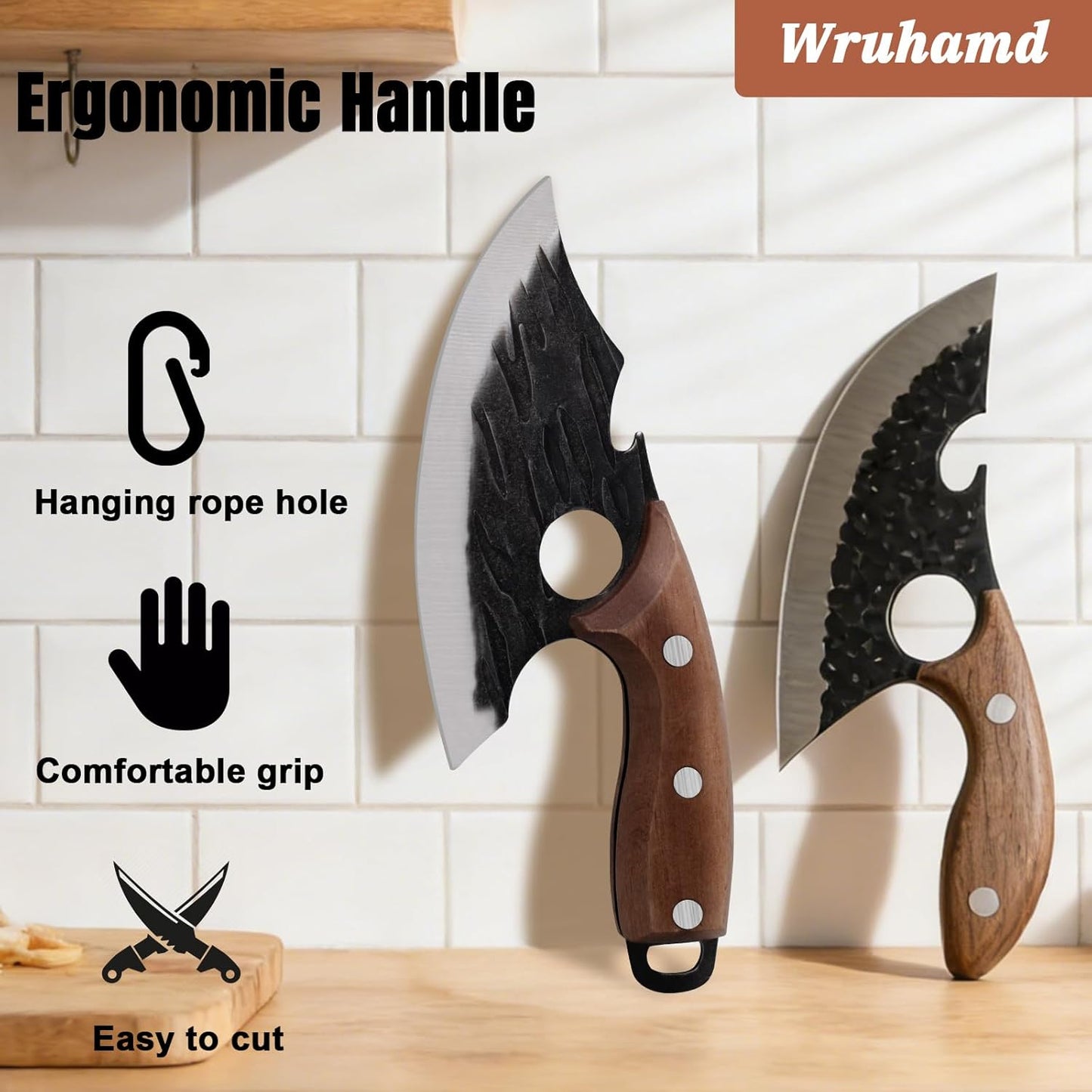 2PCS Hand Forged Viking Boning Knife Set, High Carbon Steel Ulu Knife with Sheath, Viking-Style Cleaver & Pizza Cutter for Meat, Kitchen Knives for Meat Trimming, BBQ, Camping, Fish Filleting