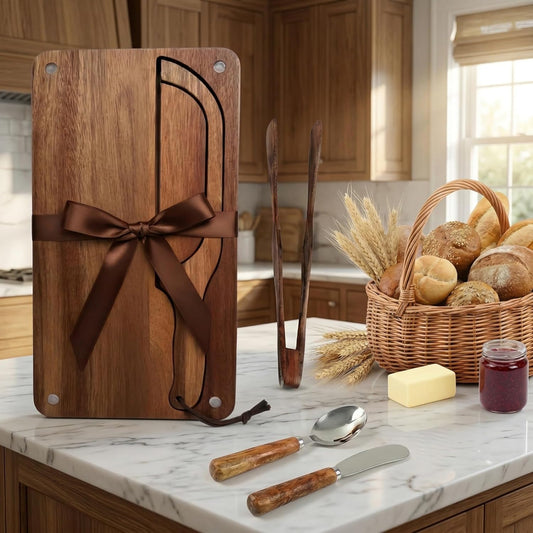 Bread Bow Knife and Cutting Board Set, 16" Serrated Stainless Steel Slicer for Homemade Sourdough & Artisan Bread, Ambidextrous Bread Slicing Kit with Crumb Tray, Bread Tong, Butter Knife, Jam Spoon