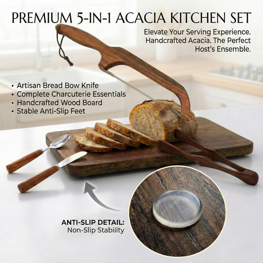 Bread Bow Knife and Cutting Board Set, 16" Serrated Stainless Steel Slicer for Homemade Sourdough & Artisan Bread, Ambidextrous Bread Slicing Kit with Crumb Tray, Bread Tong, Butter Knife, Jam Spoon