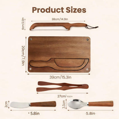 Bread Bow Knife and Cutting Board Set, 16" Serrated Stainless Steel Slicer for Homemade Sourdough & Artisan Bread, Ambidextrous Bread Slicing Kit with Crumb Tray, Bread Tong, Butter Knife, Jam Spoon