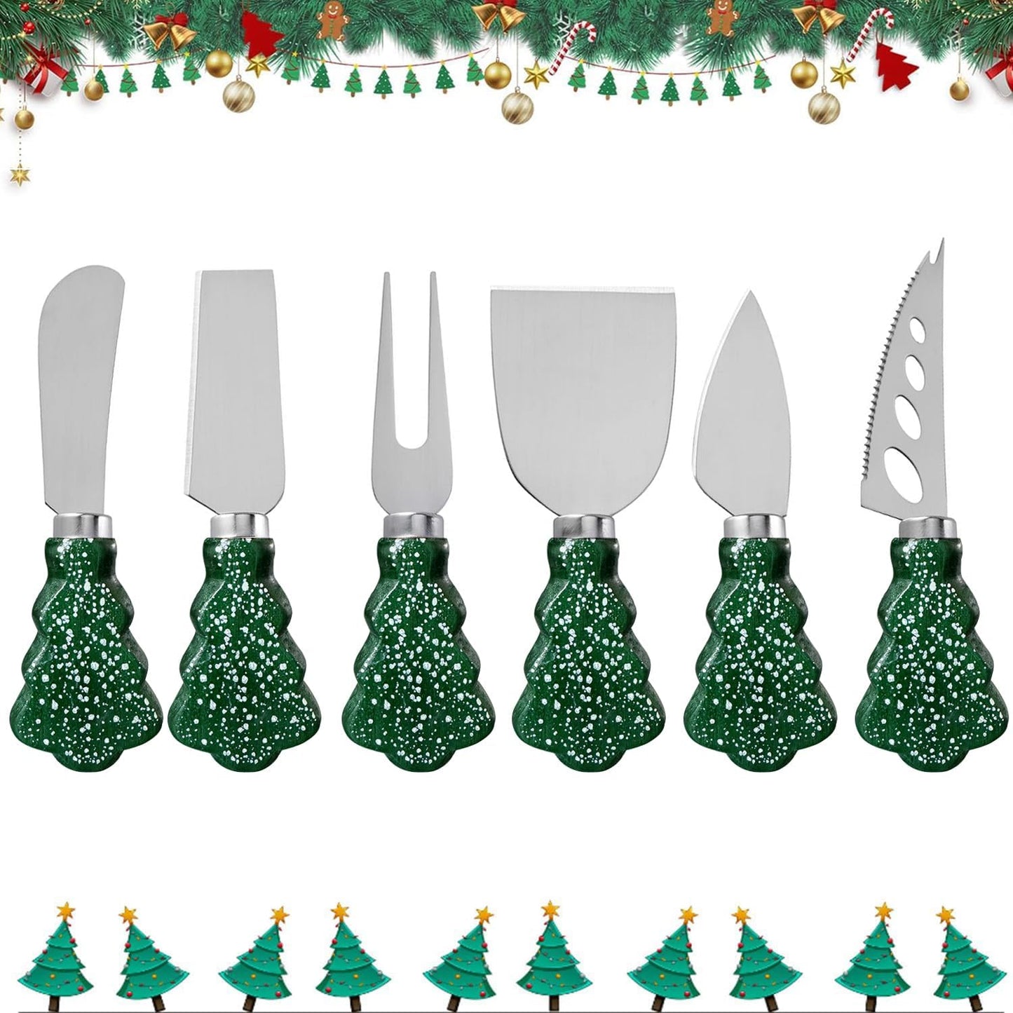 6-Piece Christmas Tree Design Cheese Knife Set, Charcuterie Board Accessories for Cheese Slicing and Butter Spreading