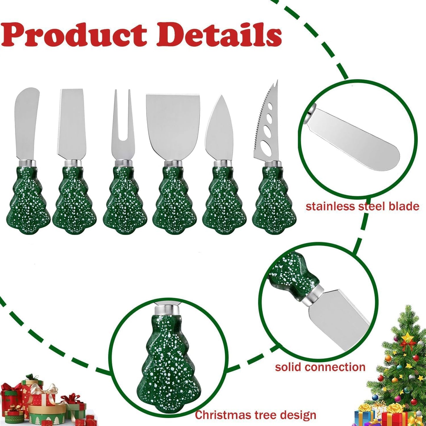 6-Piece Christmas Tree Design Cheese Knife Set, Charcuterie Board Accessories for Cheese Slicing and Butter Spreading