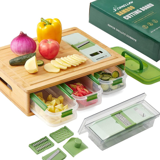 Bamboo Cutting Board with Trays - Large Wood Cutting Board with Stackable Containers and Locking Lid - Chopping Board with Built-in Graters - House Warming Kitchen Gifts New Home