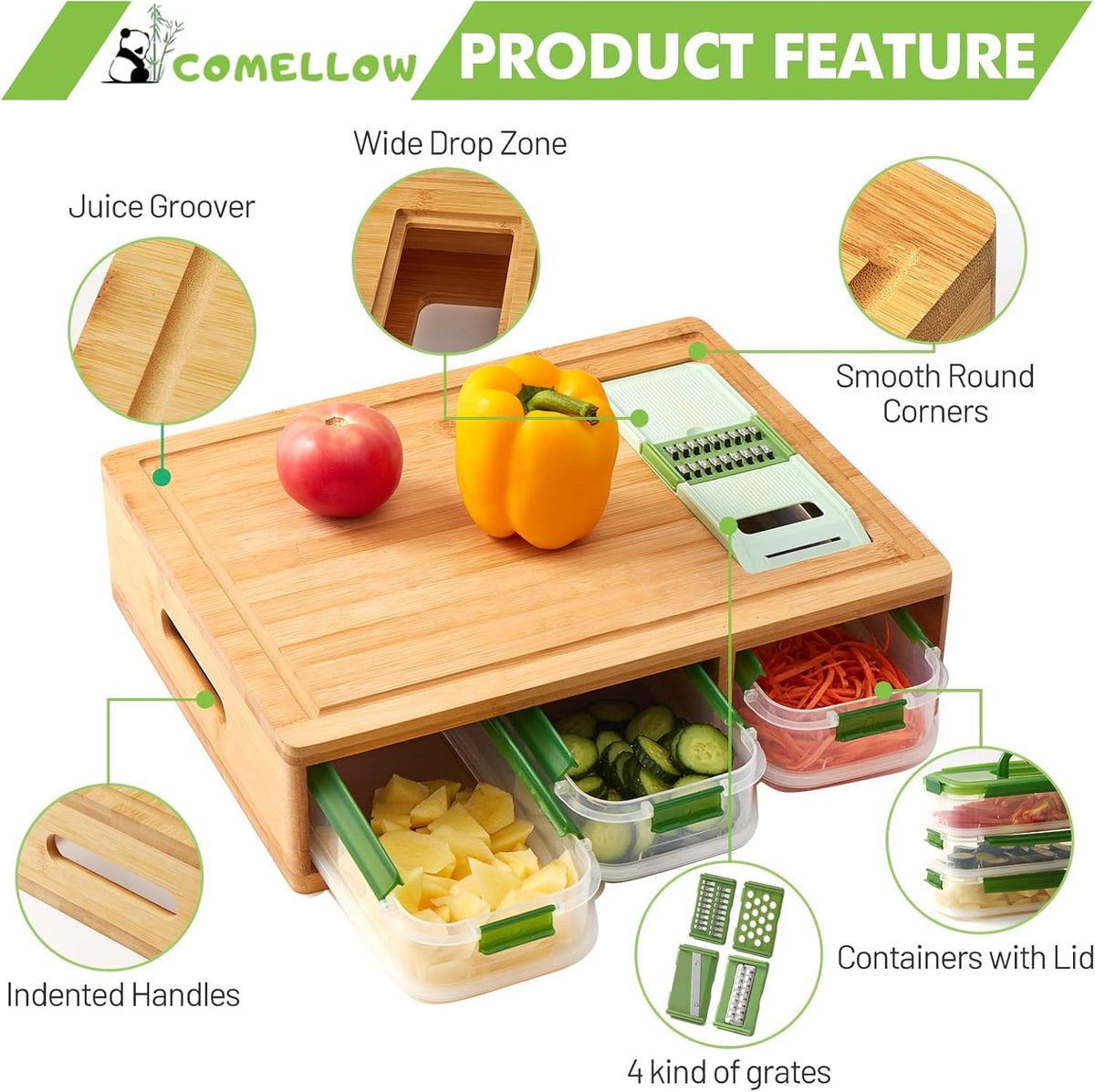 Bamboo Cutting Board with Trays - Large Wood Cutting Board with Stackable Containers and Locking Lid - Chopping Board with Built-in Graters - House Warming Kitchen Gifts New Home