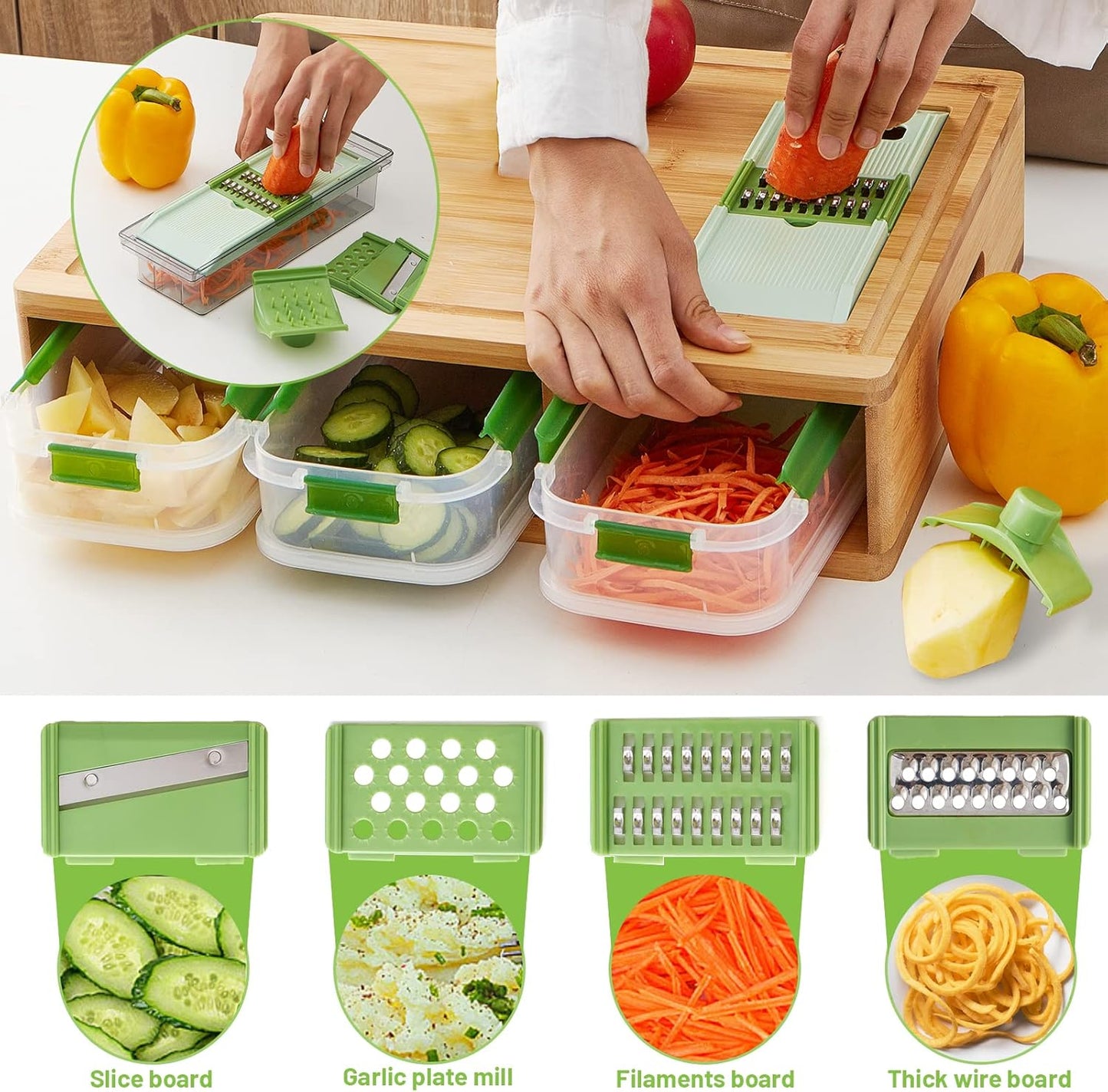 Bamboo Cutting Board with Trays - Large Wood Cutting Board with Stackable Containers and Locking Lid - Chopping Board with Built-in Graters - House Warming Kitchen Gifts New Home