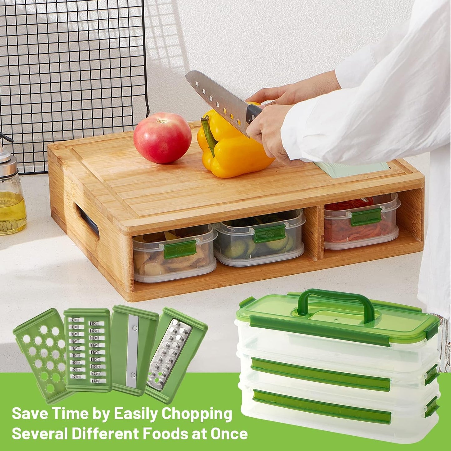 Bamboo Cutting Board with Trays - Large Wood Cutting Board with Stackable Containers and Locking Lid - Chopping Board with Built-in Graters - House Warming Kitchen Gifts New Home