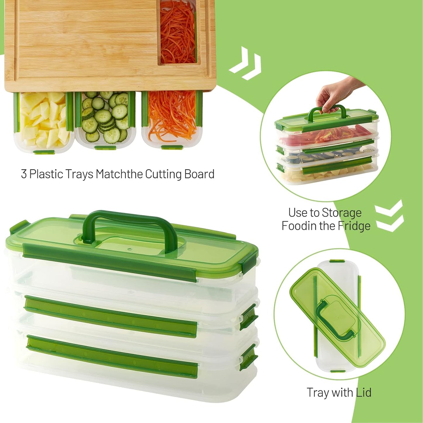 Bamboo Cutting Board with Trays - Large Wood Cutting Board with Stackable Containers and Locking Lid - Chopping Board with Built-in Graters - House Warming Kitchen Gifts New Home