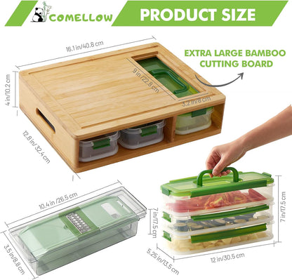 Bamboo Cutting Board with Trays - Large Wood Cutting Board with Stackable Containers and Locking Lid - Chopping Board with Built-in Graters - House Warming Kitchen Gifts New Home