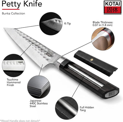 3.5-inch Bunka Paring Knife | Ultra Sharp Japanese 440C Stainless Steel | Hammered Tsuchime Finish | Ebony Handle | Hidden Full Tang | Precision Knife for Peeling & Trimming