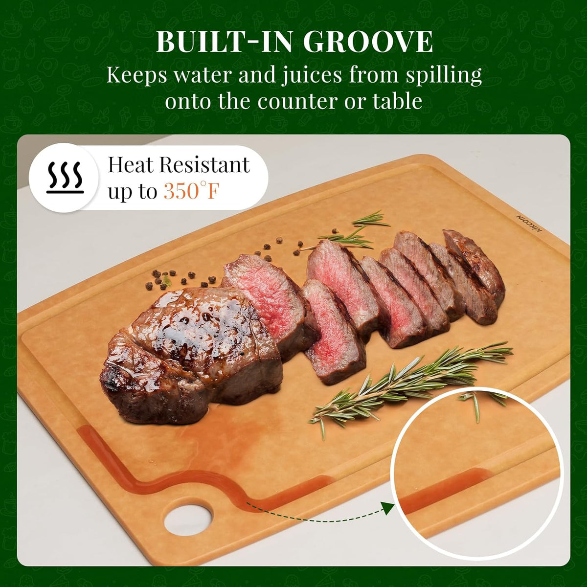 Wood Cutting Board, Cutting Boards for Kitchen Dishwasher Safe Non-slip Chopping Board with Juice Groove, Wood Fiber Composite Cutting Board with Hanging Hole, 14.6"*10.8"