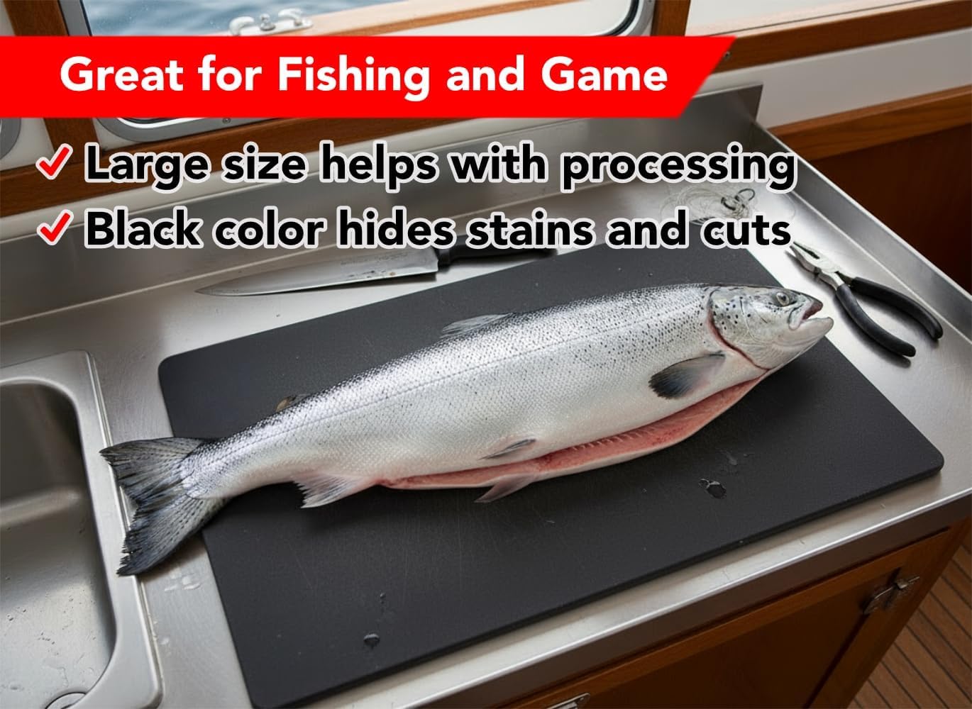 30x18 Extra Large Cutting Board for Fish, Meat, BBQ - 1/2 Inch Thick Black Plastic, Commercial Grade HDPP Poly with NSF Stamp, 10 pounds