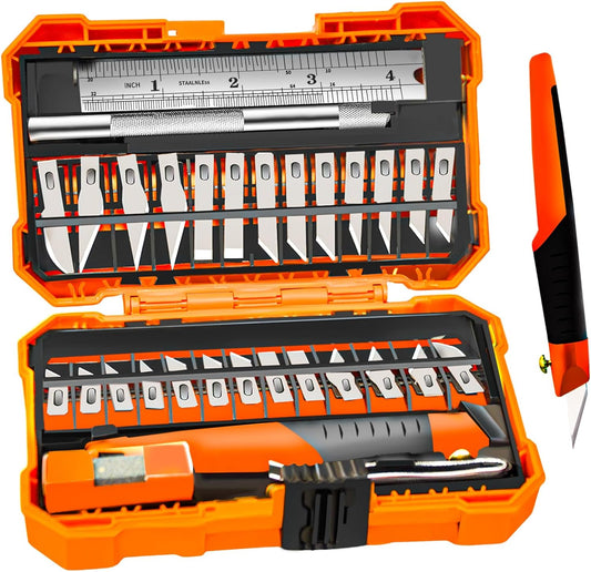 31pcs Precision Exacto Knife Kit for Art Craft Model Making | Multiple Replaceable SK5 Blades,Anti-slip Aluminum handle,Ideal for Paper Cutting,Modeling,Stamp carving,Hobby Cutting Tools