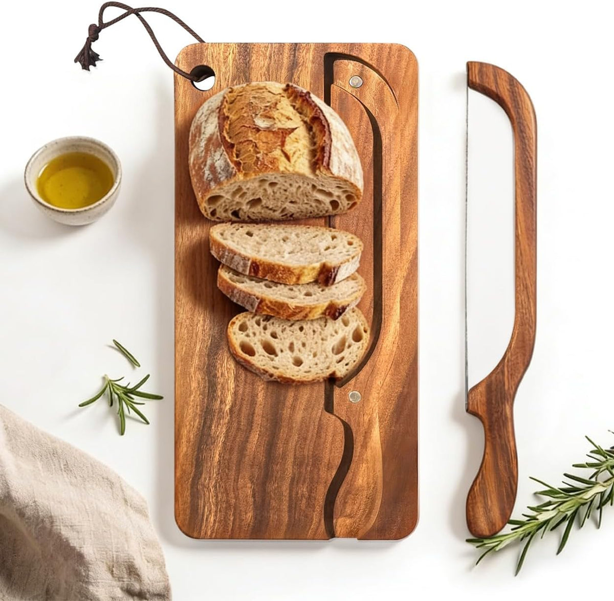 Bread Knife and Board Set with Crumb Tray, 8 Inch Manual Slicer for Sourdough Bagels Baguettes, Ambidextrous Serrated Blade & Reversible Acacia Wood Cutting Board