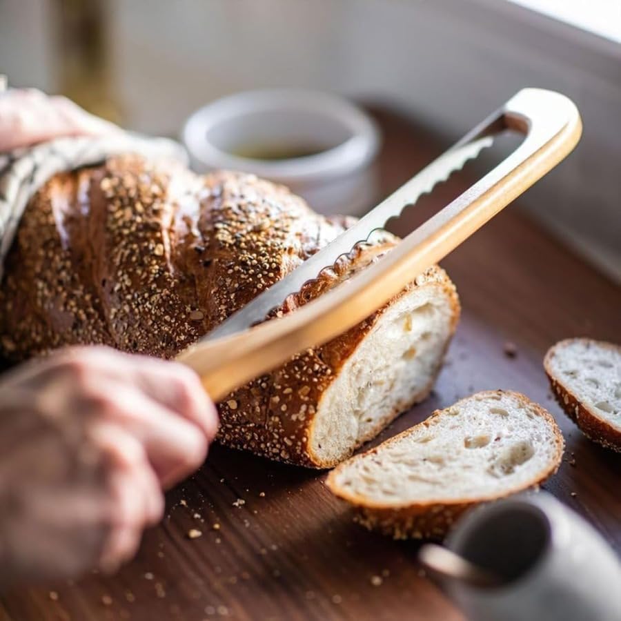 Bread Knife and Board Set with Crumb Tray, 8 Inch Manual Slicer for Sourdough Bagels Baguettes, Ambidextrous Serrated Blade & Reversible Acacia Wood Cutting Board