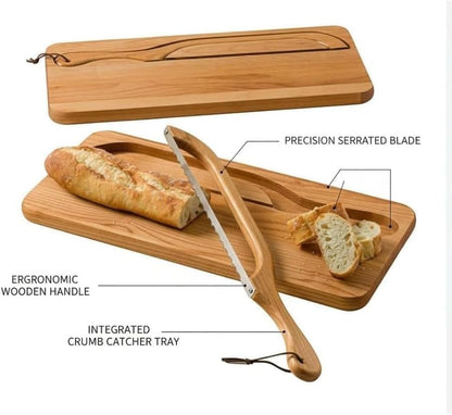 Bread Knife and Board Set with Crumb Tray, 8 Inch Manual Slicer for Sourdough Bagels Baguettes, Ambidextrous Serrated Blade & Reversible Acacia Wood Cutting Board