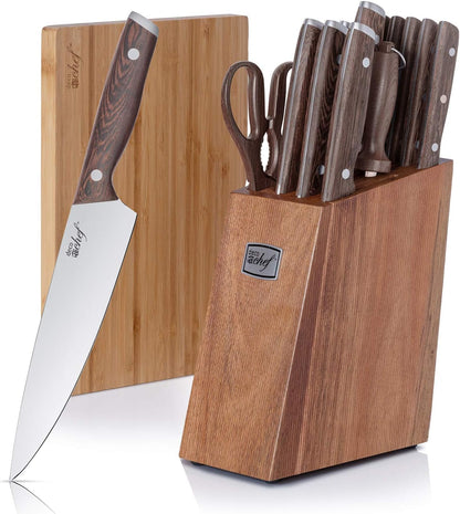 16 Piece Kitchen Knife Set Stainless Steel with Wood Handles, 8" Chef, 6.5" Cleaver, 8" Bread, 8" Slicing, 4.5" Paring, 6pcs Steak Knives, Kitchen Shears, and more