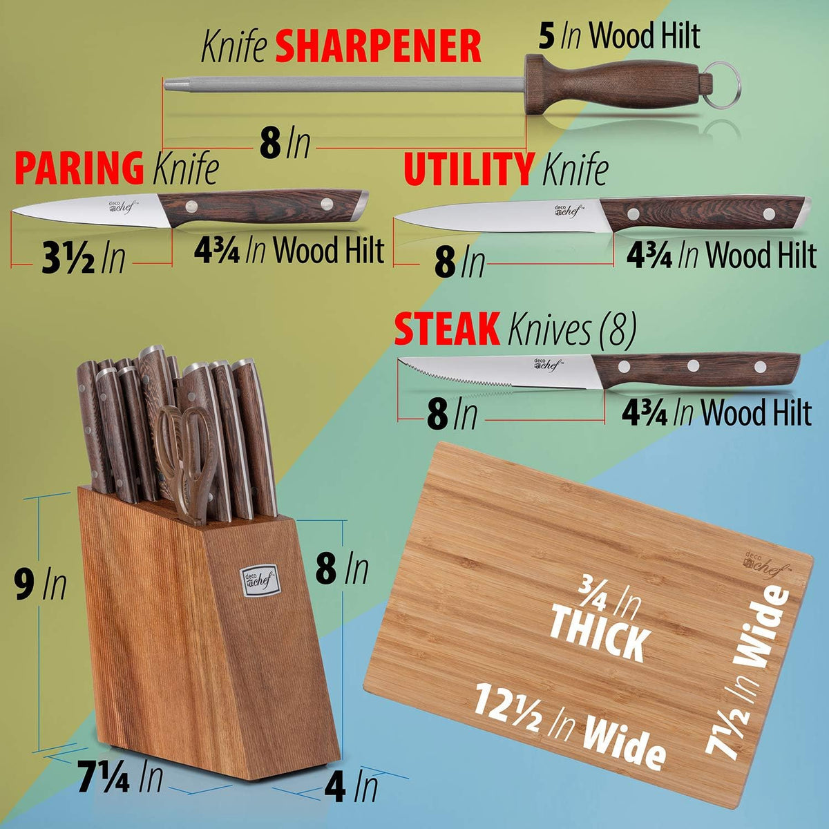 16 Piece Kitchen Knife Set Stainless Steel with Wood Handles, 8" Chef, 6.5" Cleaver, 8" Bread, 8" Slicing, 4.5" Paring, 6pcs Steak Knives, Kitchen Shears, and more