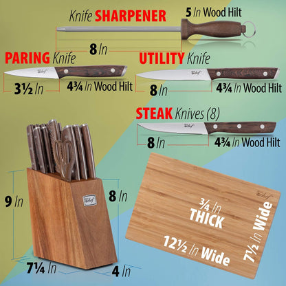 16 Piece Kitchen Knife Set Stainless Steel with Wood Handles, 8" Chef, 6.5" Cleaver, 8" Bread, 8" Slicing, 4.5" Paring, 6pcs Steak Knives, Kitchen Shears, and more