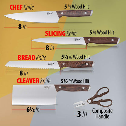 16 Piece Kitchen Knife Set Stainless Steel with Wood Handles, 8" Chef, 6.5" Cleaver, 8" Bread, 8" Slicing, 4.5" Paring, 6pcs Steak Knives, Kitchen Shears, and more