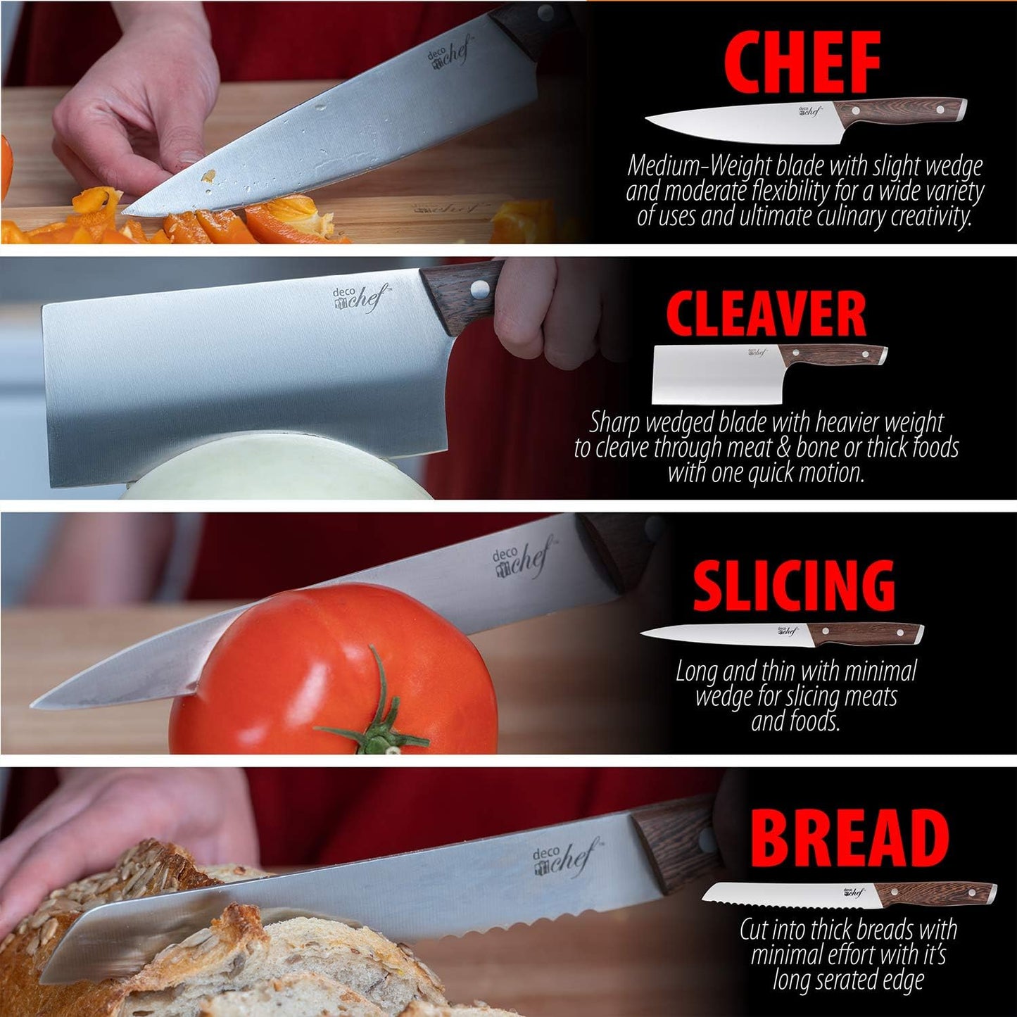 16 Piece Kitchen Knife Set Stainless Steel with Wood Handles, 8" Chef, 6.5" Cleaver, 8" Bread, 8" Slicing, 4.5" Paring, 6pcs Steak Knives, Kitchen Shears, and more