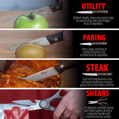 16 Piece Kitchen Knife Set Stainless Steel with Wood Handles, 8" Chef, 6.5" Cleaver, 8" Bread, 8" Slicing, 4.5" Paring, 6pcs Steak Knives, Kitchen Shears, and more
