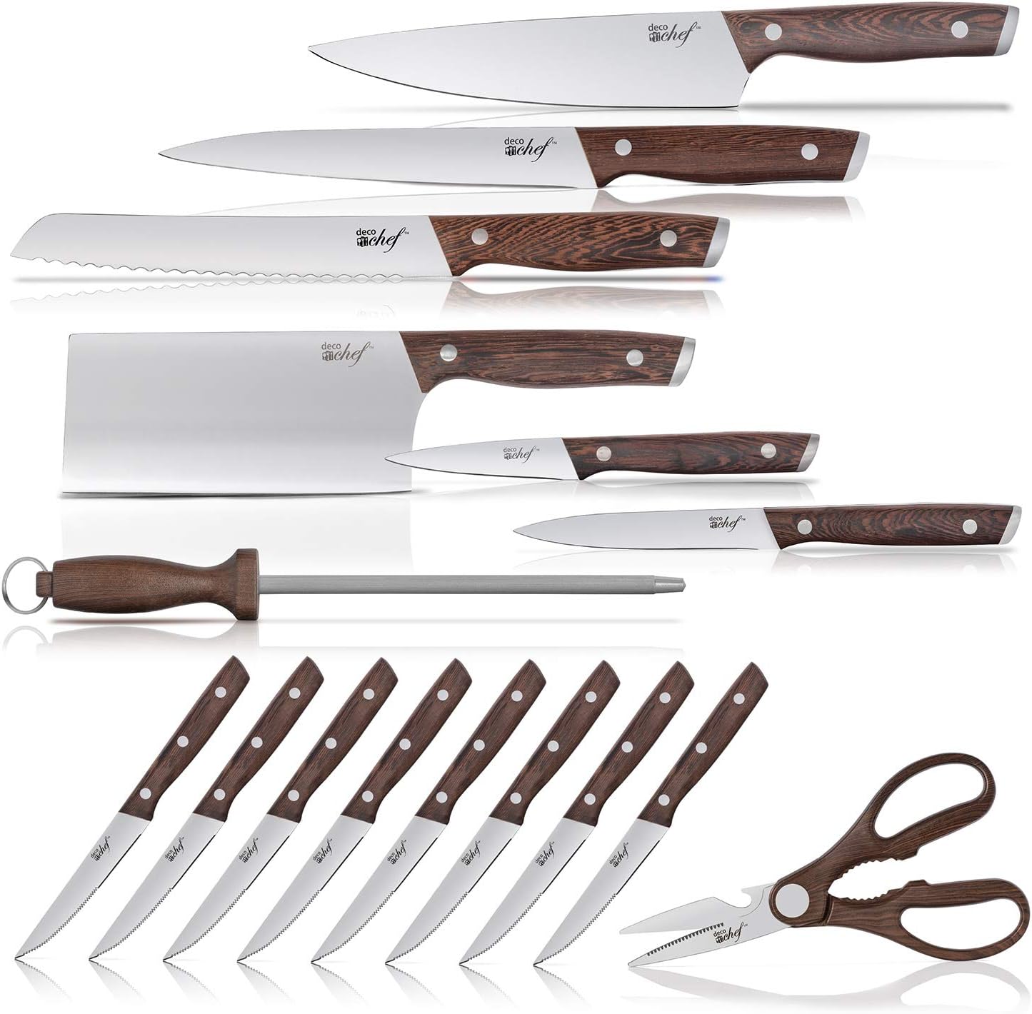 16 Piece Kitchen Knife Set Stainless Steel with Wood Handles, 8" Chef, 6.5" Cleaver, 8" Bread, 8" Slicing, 4.5" Paring, 6pcs Steak Knives, Kitchen Shears, and more