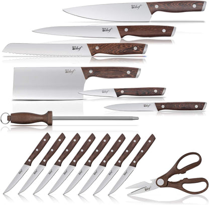 16 Piece Kitchen Knife Set Stainless Steel with Wood Handles, 8" Chef, 6.5" Cleaver, 8" Bread, 8" Slicing, 4.5" Paring, 6pcs Steak Knives, Kitchen Shears, and more