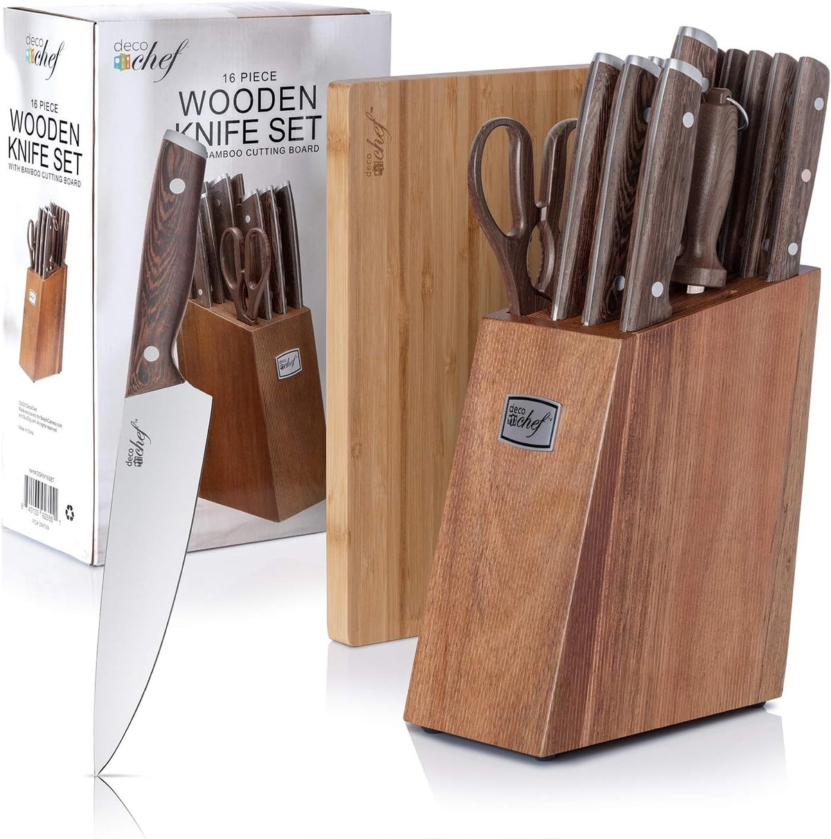 16 Piece Kitchen Knife Set Stainless Steel with Wood Handles, 8" Chef, 6.5" Cleaver, 8" Bread, 8" Slicing, 4.5" Paring, 6pcs Steak Knives, Kitchen Shears, and more