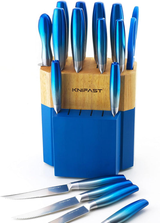Knife Set With Block, Full Tang 17-Pieces Kitchen Knife Set With Block Wooden German Stainless Steel Cutlery With Knife Sharpener & 6 Steak Knives (Blue)