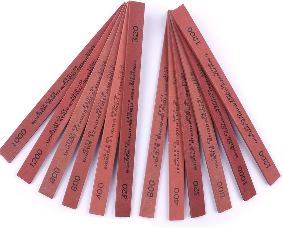 Sharpening Stone Set, 12pcs Knife Whetstones Set White Corundum Sharpener Honing Stone - Polishing Oil Stone Set Grits 320# 400# 600# 800# 1000# 1200#-(5.9x0.47x0.12Inch)