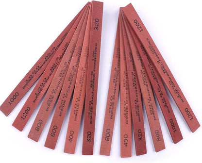 Sharpening Stone Set, 12pcs Knife Whetstones Set White Corundum Sharpener Honing Stone - Polishing Oil Stone Set Grits 320# 400# 600# 800# 1000# 1200#-(5.9x0.47x0.12Inch)