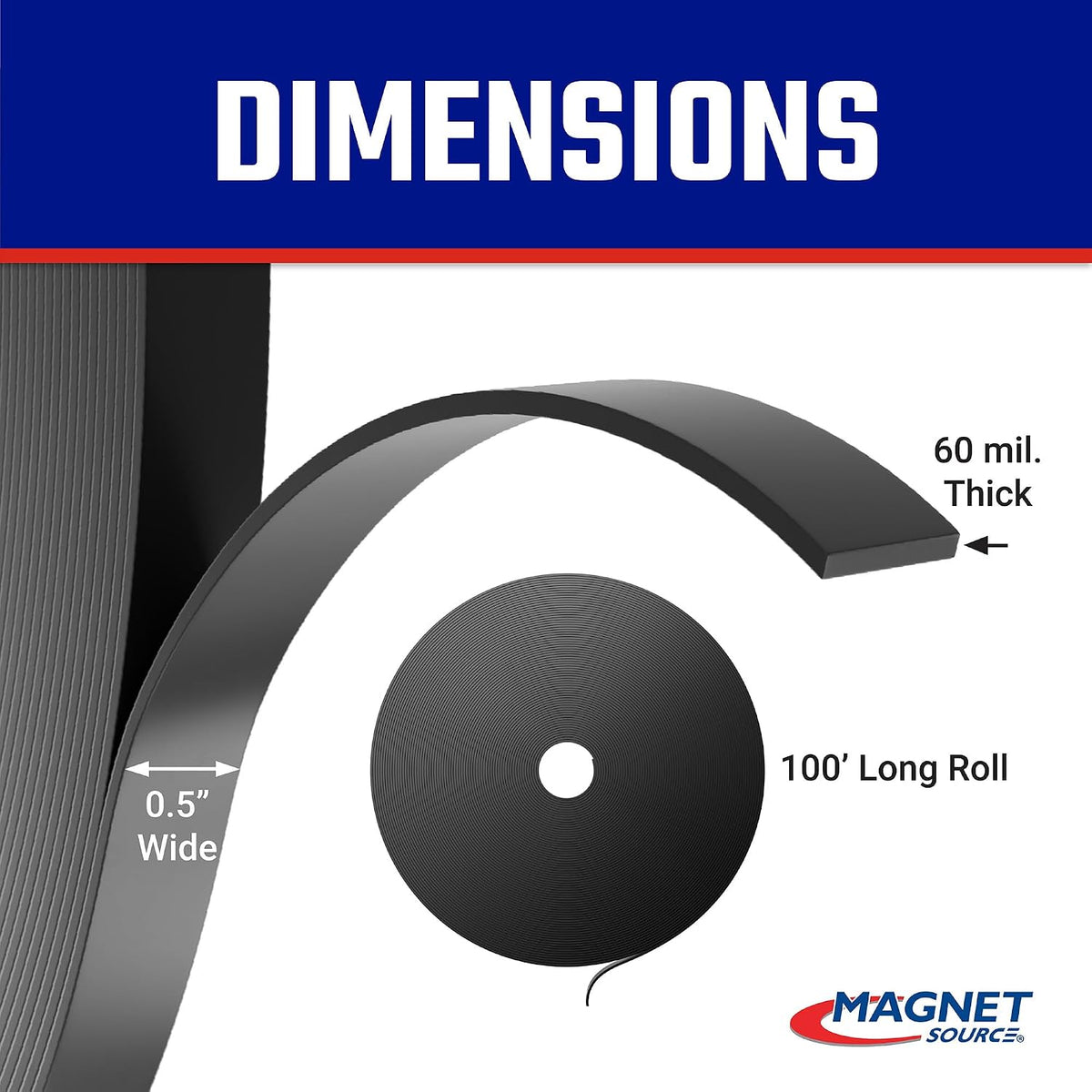 Flexible Magnet Strip - One-Sided Magnetic Strip, Cuttable Magnet, 0.5" Wide, 0.06" Thick, 100 Feet, ZGN10PBX