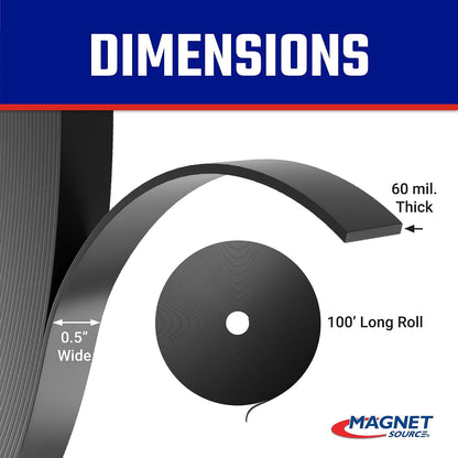 Flexible Magnet Strip - One-Sided Magnetic Strip, Cuttable Magnet, 0.5" Wide, 0.06" Thick, 100 Feet, ZGN10PBX