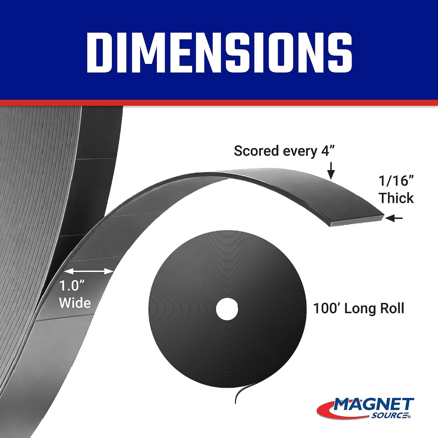 Flexible Magnet Strip - One-Sided Magnetic Strip, Cuttable Magnet, 0.5" Wide, 0.06" Thick, 100 Feet, ZGN10PBX