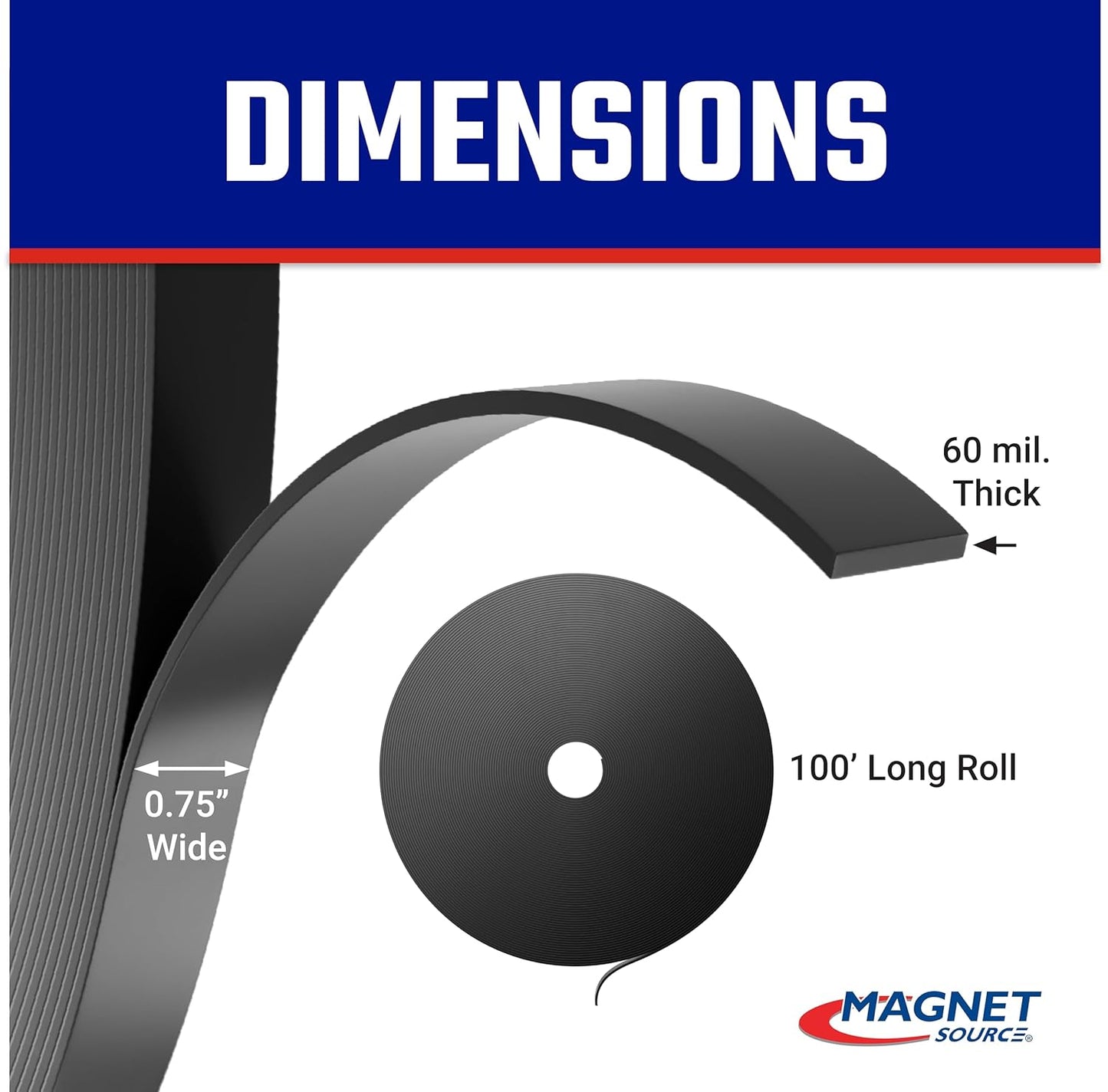 Flexible Magnet Strip - One-Sided Magnetic Strip, Cuttable Magnet, 0.5" Wide, 0.06" Thick, 100 Feet, ZGN10PBX