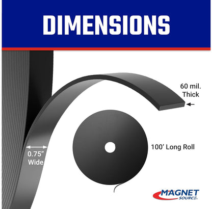 Flexible Magnet Strip - One-Sided Magnetic Strip, Cuttable Magnet, 0.5" Wide, 0.06" Thick, 100 Feet, ZGN10PBX