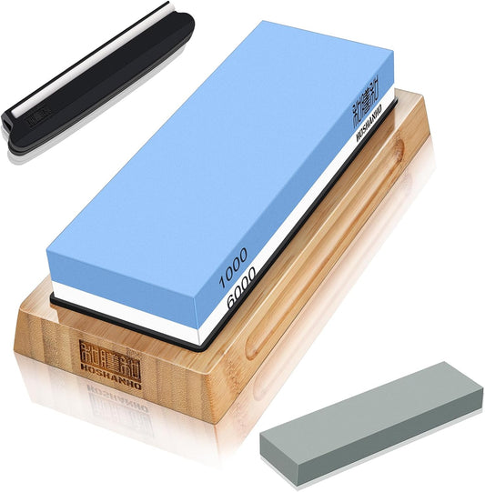 Knife Sharpening Stone Set, Double-Sided Grit 1000/6000 Whetstone | Complete Knife Sharpener Stone Kit, Wet Stone for Sharping Knives with Non-slip Rubber Base Angle Guide